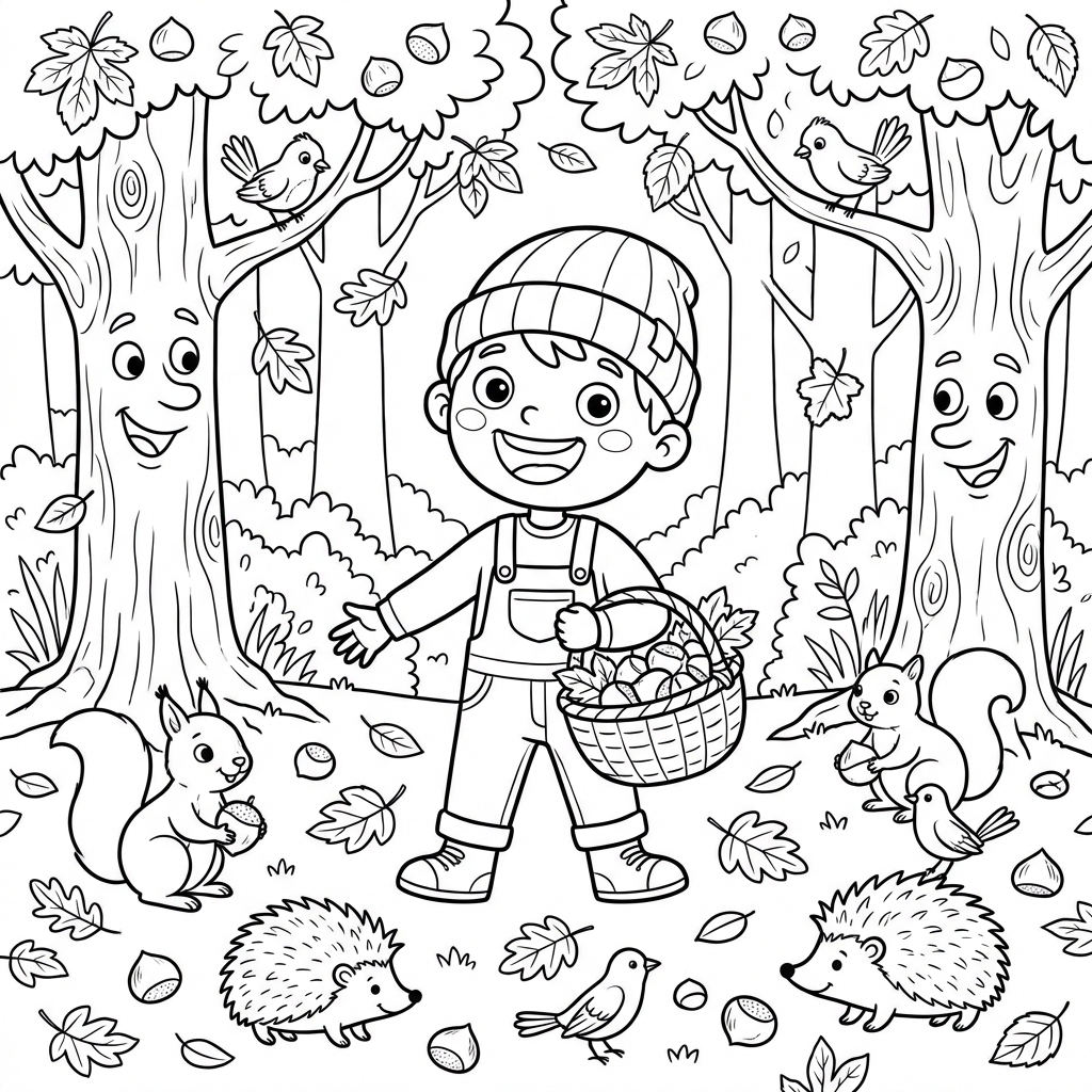 Dziecko zbierające kasztany i kolorowe liście w lesie, kolorowanka dla dzieci, czarne kontury, białe tło.