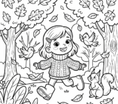 Szczęśliwa mała dziewczynka w ciepłym swetrze i butach, spacerująca po parku z kolorowymi drzewami, kolorowanka dla d...