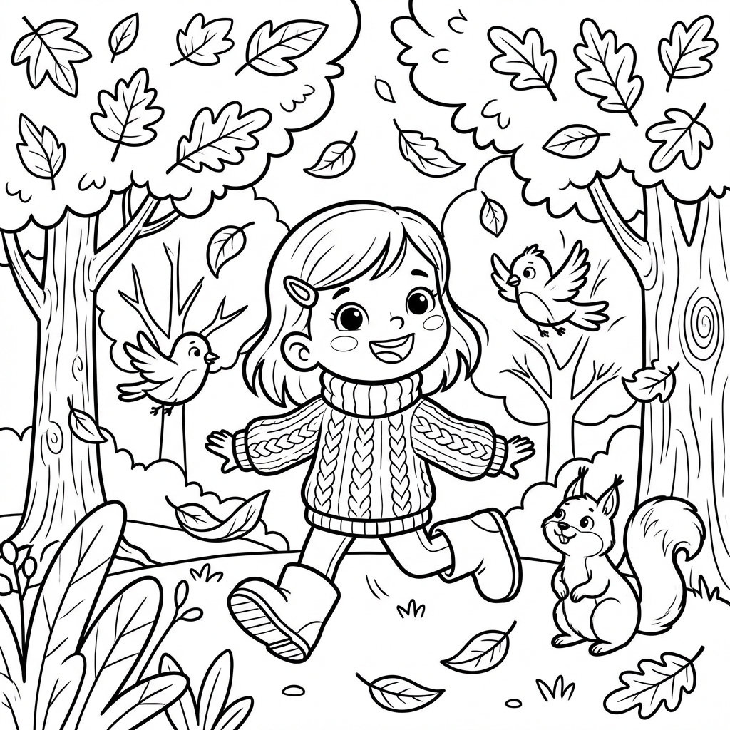 Szczęśliwa mała dziewczynka w ciepłym swetrze i butach, spacerująca po parku z kolorowymi drzewami, kolorowanka dla d...