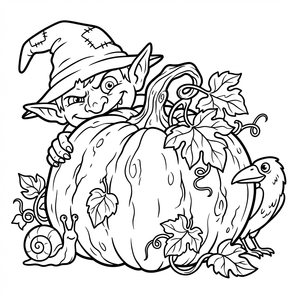 Złośliwy goblin chowający się za dużą dynią, kolorowanka dla dzieci, czarne kontury, białe tło.