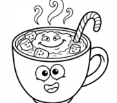 Parujący kubek gorącej czekolady z uśmiechniętą buzią narysowaną w pianie, kolorowanka dla dzieci, czarne kontury, ...