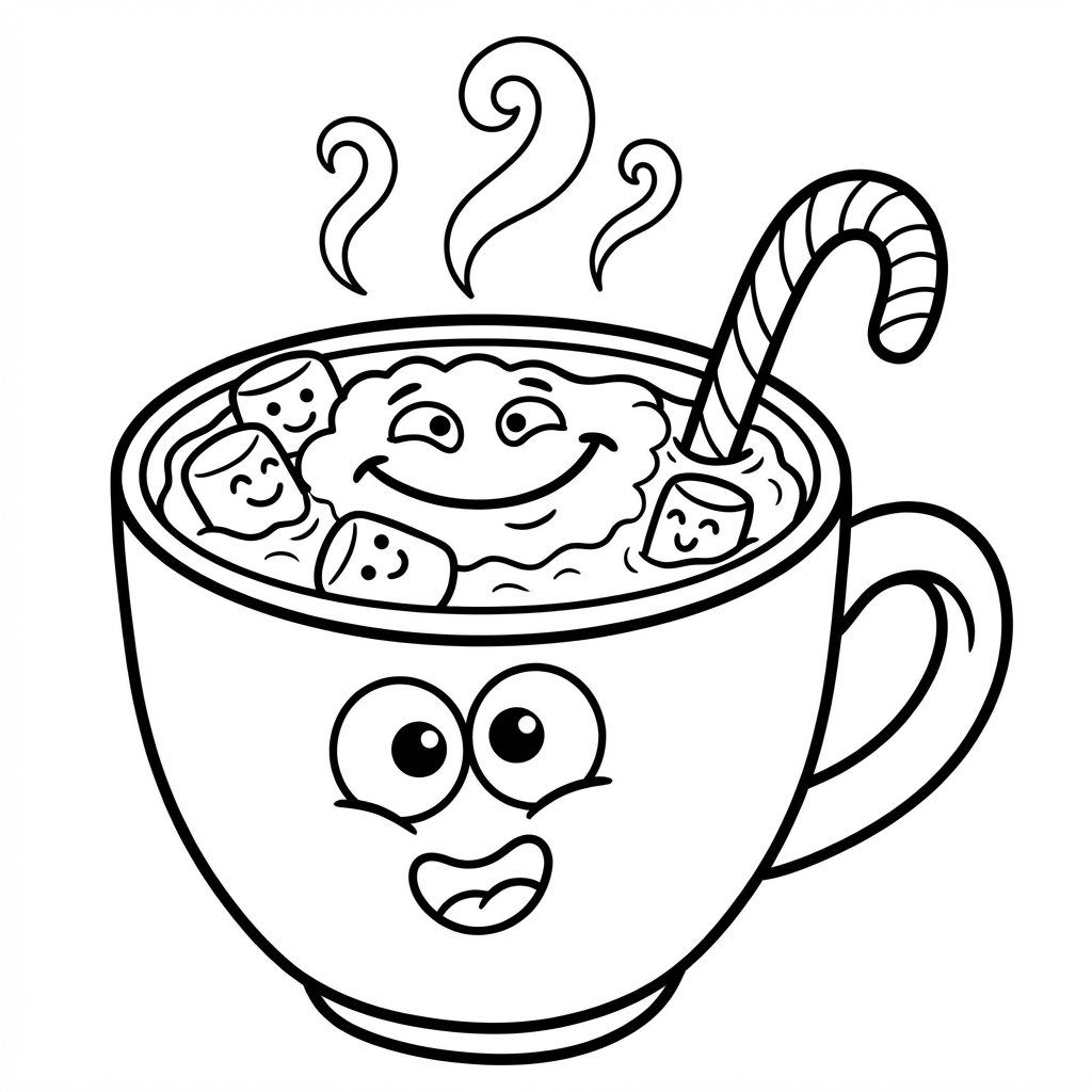 Parujący kubek gorącej czekolady z uśmiechniętą buzią narysowaną w pianie, kolorowanka dla dzieci, czarne kontury, ...