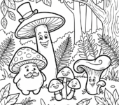 Grupa grzybów o różnych kształtach i rozmiarach w lesie, kolorowanka dla dzieci, czarne kontury, białe tło.