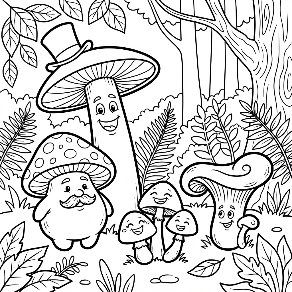 Grupa grzybów o różnych kształtach i rozmiarach w lesie, kolorowanka dla dzieci, czarne kontury, białe tło.