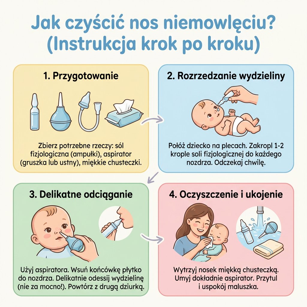 Infografika dla rodziców: Jak czyścić nos niemowlęciu krok po kroku – bezpieczna higiena i pielęgnacja małego dzie...