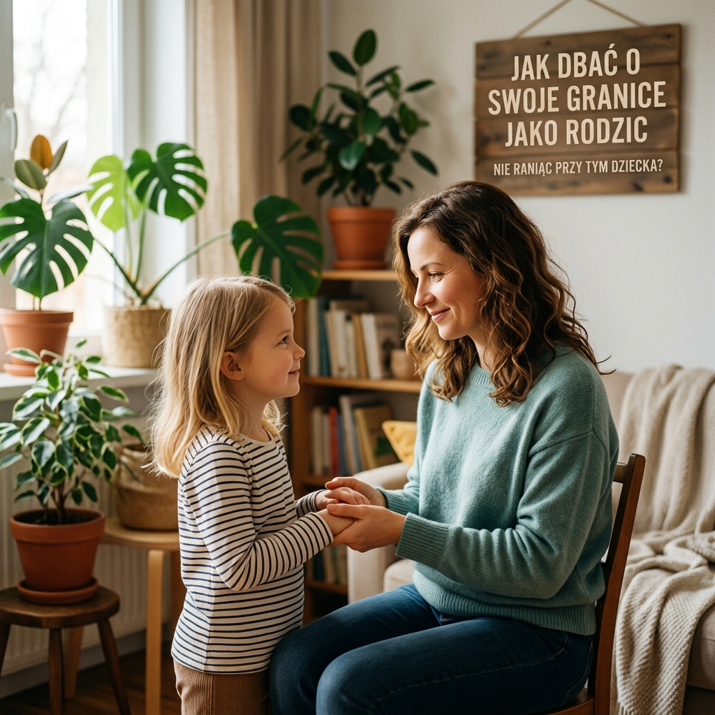Create a high-quality featured image for a WordPress article titled: Jak dbać o swoje granice jako rodzic, nie raniąc pr...