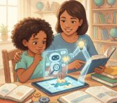 Dziecko siedzące przy biurku z laptopem i notatnikiem, wspierane przez przyjazną wizualizację sztucznej inteligencji w ...