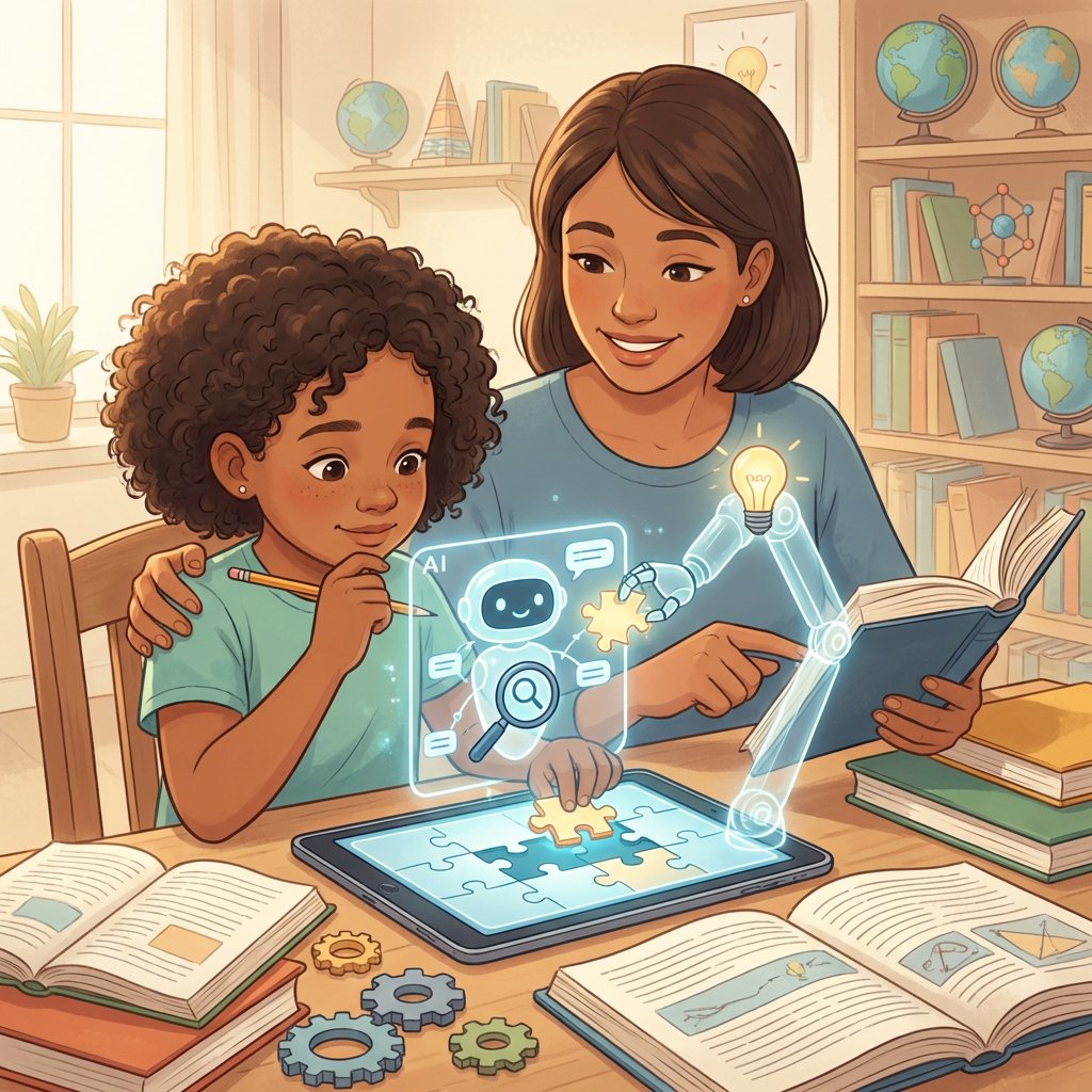 Dziecko siedzące przy biurku z laptopem i notatnikiem, wspierane przez przyjazną wizualizację sztucznej inteligencji w ...