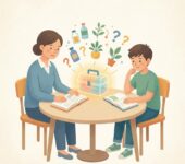 Spokojna rozmowa matki z nastolatkiem na kanapie, symbolizująca otwarty dialog o używkach bez straszenia i budowanie wza...