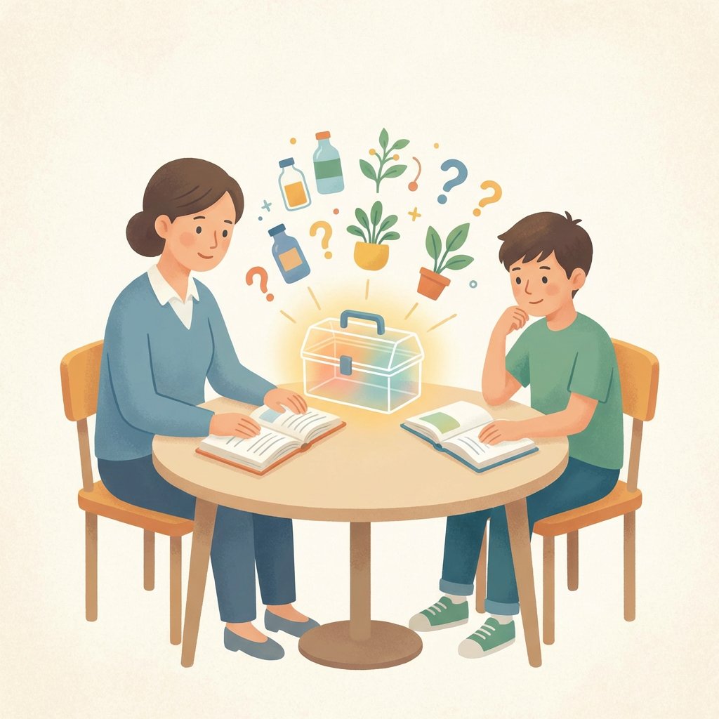 Spokojna rozmowa matki z nastolatkiem na kanapie, symbolizująca otwarty dialog o używkach bez straszenia i budowanie wza...