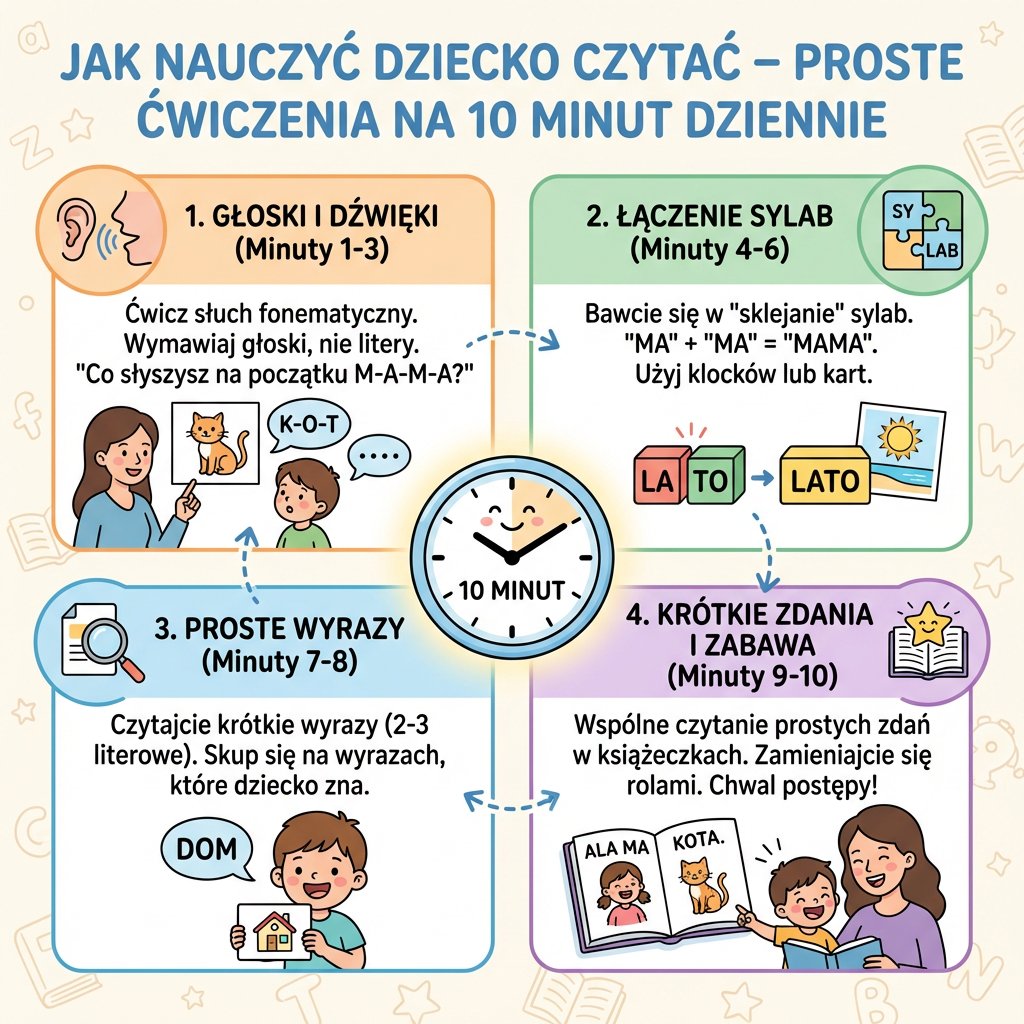 Infografika dla rodziców: Jak nauczyć dziecko czytać – proste ćwiczenia na 10 minut dziennie. Nauka czytania krok po...