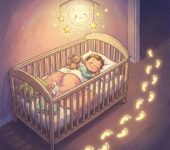 Spokojne dziecko śpiące w łóżeczku, delikatne oświetlenie nocne, przytulna sypialnia dziecięca, samodzielne zasypia...