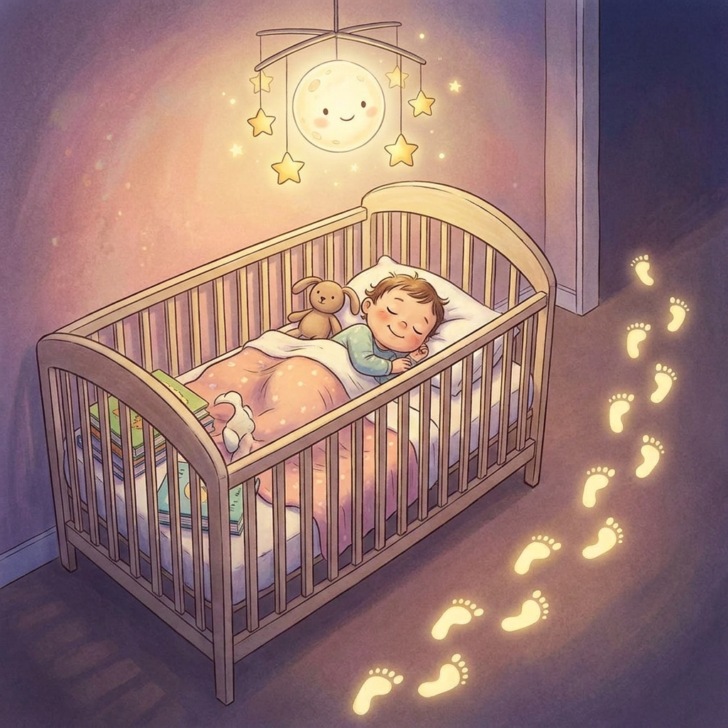 Spokojne dziecko śpiące w łóżeczku, delikatne oświetlenie nocne, przytulna sypialnia dziecięca, samodzielne zasypia...