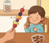 Dziecko uśmiecha się, trzymając w dłoniach soczyste owoce zamiast cukierków, co ilustruje zdrowe nawyki żywieniowe b...