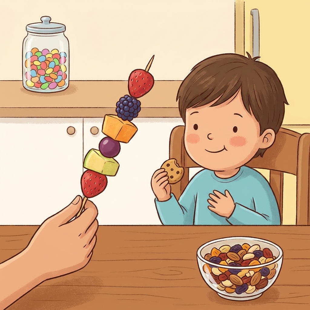 Dziecko uśmiecha się, trzymając w dłoniach soczyste owoce zamiast cukierków, co ilustruje zdrowe nawyki żywieniowe b...