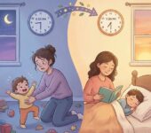 Spokojna sypialnia dziecięca, w której małe dziecko śpi w łóżeczku, a obok stoi zegar wskazujący wczesną godzinę...