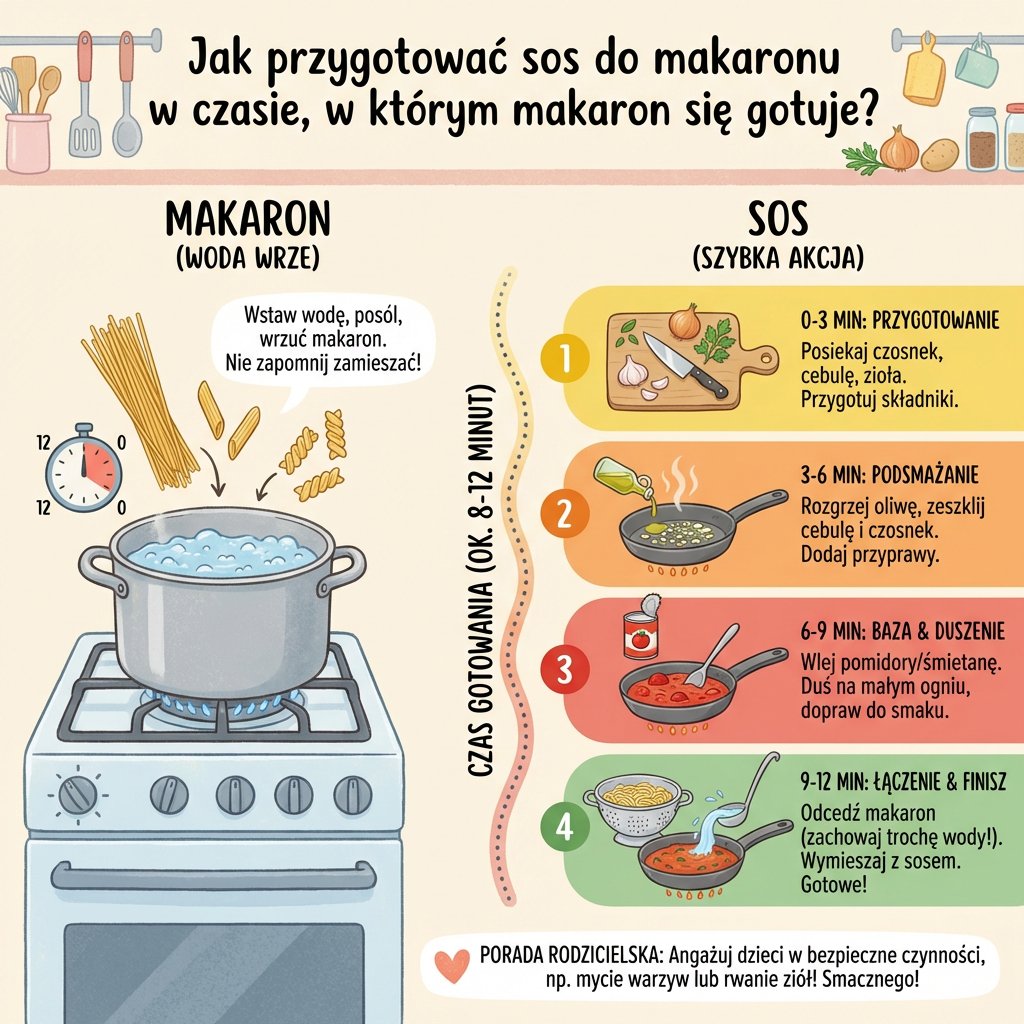 Infografika dla rodziców: jak przygotować szybki sos do makaronu w kilka minut, gdy woda wrze, ułatwiająca sprawne got...