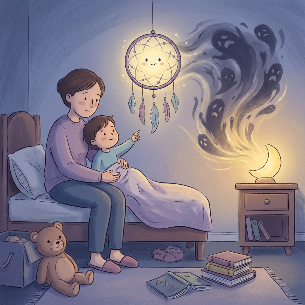 Mama przytulająca dziecko w nocy, uspokajająca je po sennym koszmarze w przytulnym pokoju dziecięcym z delikatnym, ciep...
