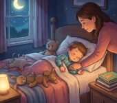 Uśmiechnięta mama czule przytulająca małe dziecko w piżamie w przytulnej, sypialni z delikatnym, ciepłym oświetleni...