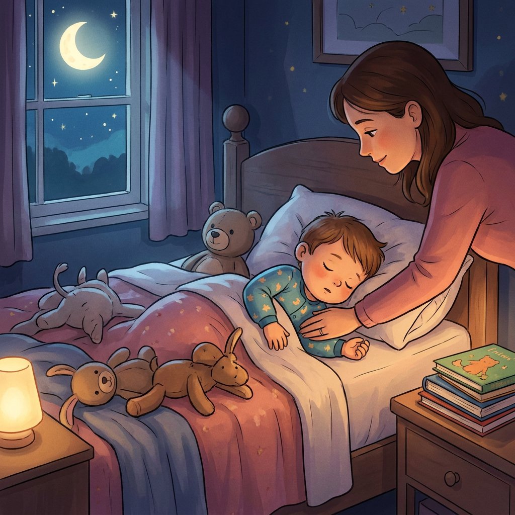 Uśmiechnięta mama czule przytulająca małe dziecko w piżamie w przytulnej, sypialni z delikatnym, ciepłym oświetleni...