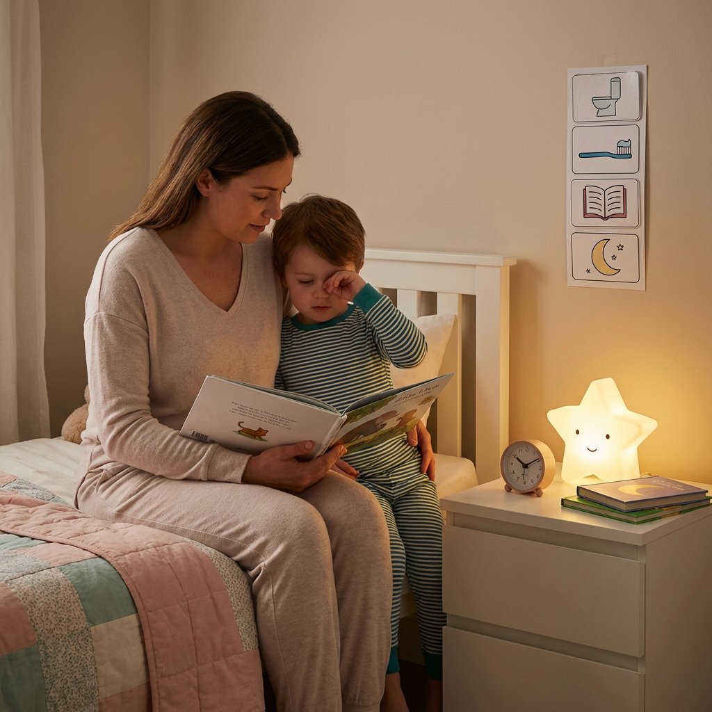 Małe dziecko śpiące spokojnie w łóżku przy delikatnym świetle lampki nocnej, ilustrujące skuteczne rytuały zasypi...