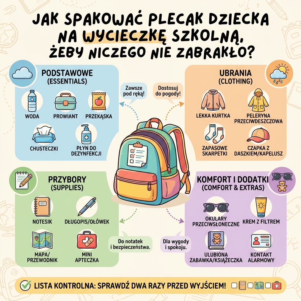 Infografika dla rodziców: Jak spakować plecak dziecka na wycieczkę szkolną – lista niezbędnych rzeczy i praktyczne ...