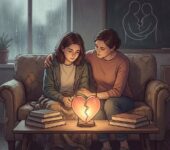 Wspierający rodzic rozmawia z nastolatkiem siedzącym na kanapie, symbolizując empatię i pomoc w przeżywaniu pierwszej...