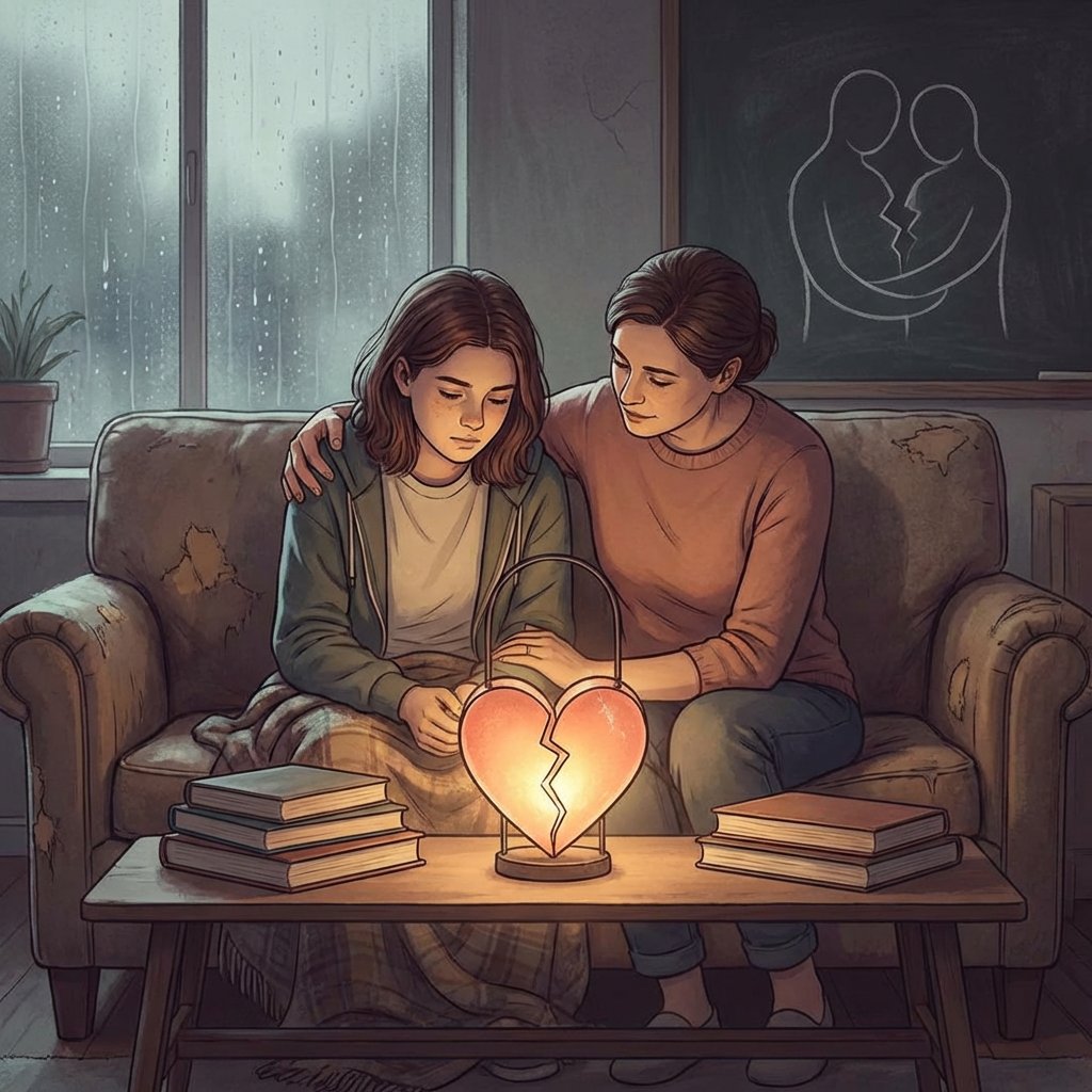 Wspierający rodzic rozmawia z nastolatkiem siedzącym na kanapie, symbolizując empatię i pomoc w przeżywaniu pierwszej...