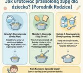 Infografika poradnikowa dla rodziców przedstawiająca skuteczne i sprawdzone sposoby na uratowanie przesolonej zupy dla d...