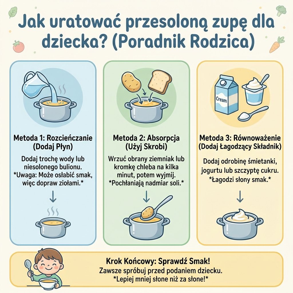 Infografika poradnikowa dla rodziców przedstawiająca skuteczne i sprawdzone sposoby na uratowanie przesolonej zupy dla d...