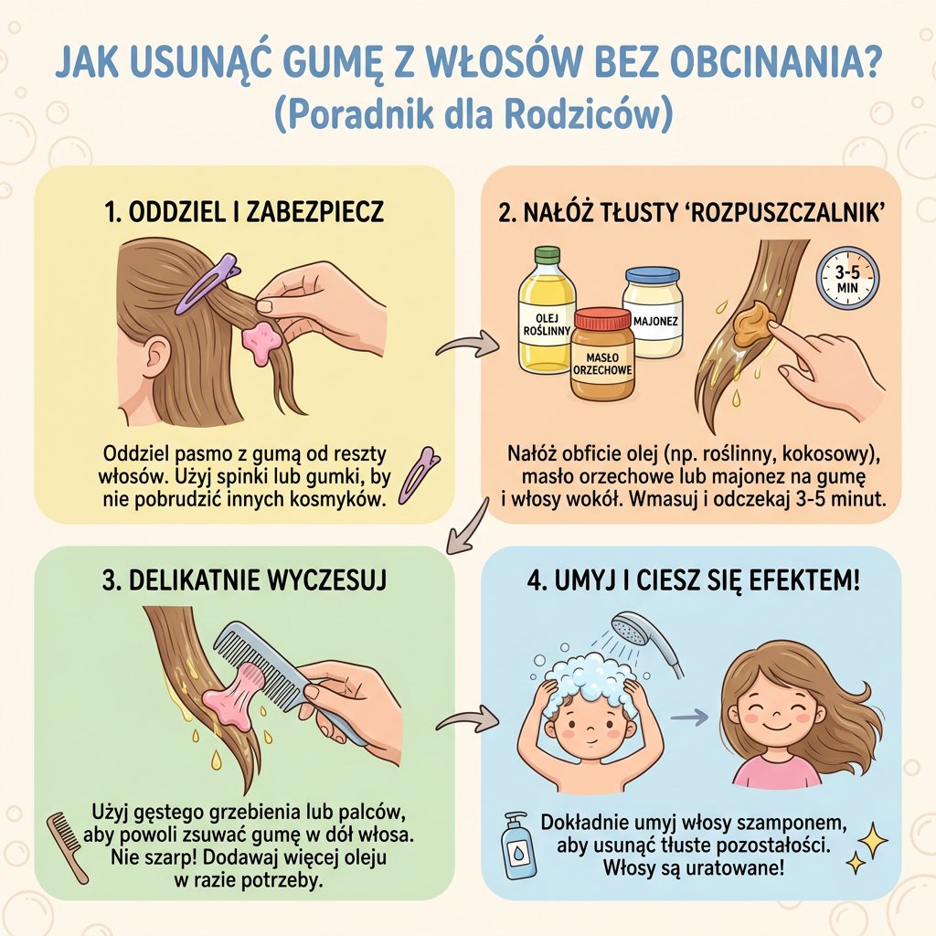 Infografika dla rodziców: Jak usunąć gumę do żucia z włosów dziecka bez obcinania – domowe sposoby i instrukcja k...