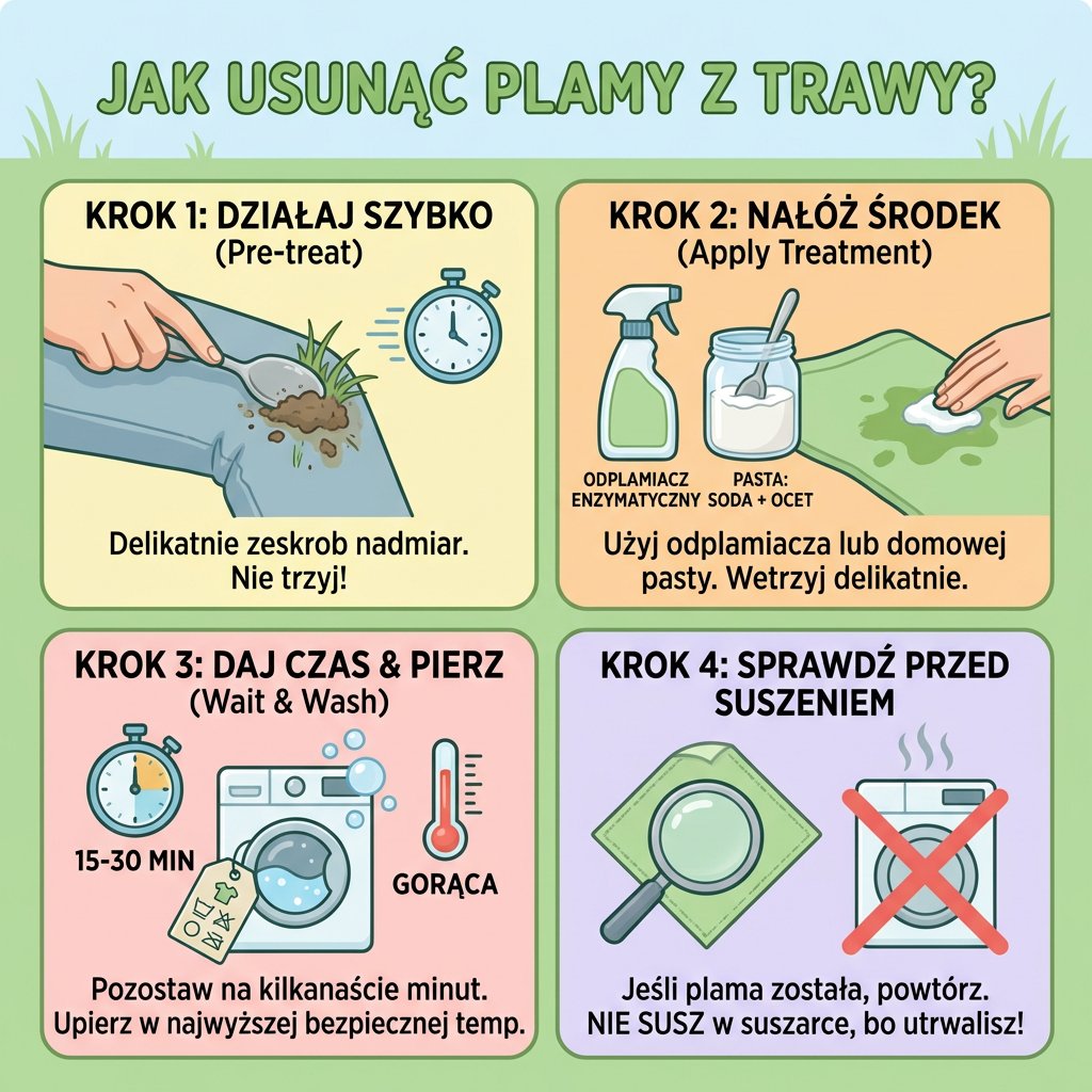 Infografika poradnikowa dla rodziców przedstawiająca skuteczne domowe sposoby na to, jak usunąć uporczywe plamy z traw...