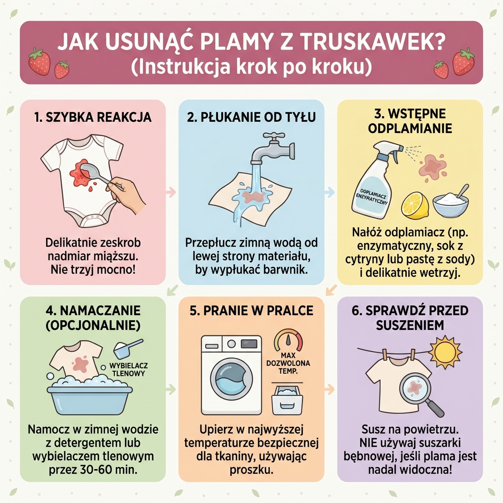 Infografika poradnikowa dla rodziców przedstawiająca skuteczne i sprawdzone domowe sposoby na to, jak usunąć plamy z t...