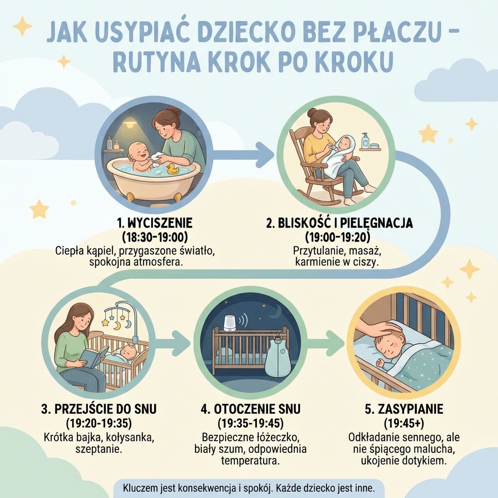 Infografika przedstawiająca skuteczną rutynę wieczorną dla niemowląt i małych dzieci, wyjaśniająca krok po kroku, ...