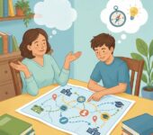 Wspierający rodzic i nastolatek siedzący przy biurku z laptopem, wspólnie analizujący opcje edukacyjne w atmosferze zr...