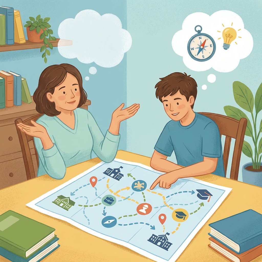 Wspierający rodzic i nastolatek siedzący przy biurku z laptopem, wspólnie analizujący opcje edukacyjne w atmosferze zr...