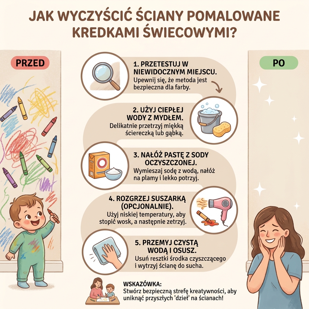 Infografika poradnikowa dla rodziców przedstawiająca skuteczne sposoby na usuwanie śladów kredek świecowych ze ścian...