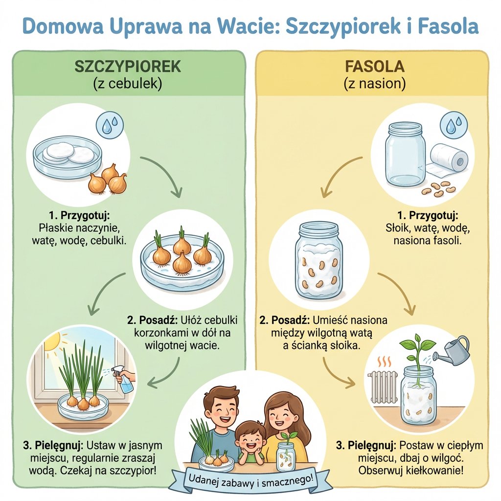 Infografika dla dzieci i rodziców przedstawiająca krok po kroku instrukcję, jak wyhodować szczypiorek lub fasolę na w...
