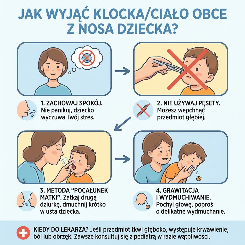 Infografika medyczna dla rodziców: instrukcja pierwszej pomocy, jak bezpiecznie wyjąć klocka lub ciało obce z nosa dzi...