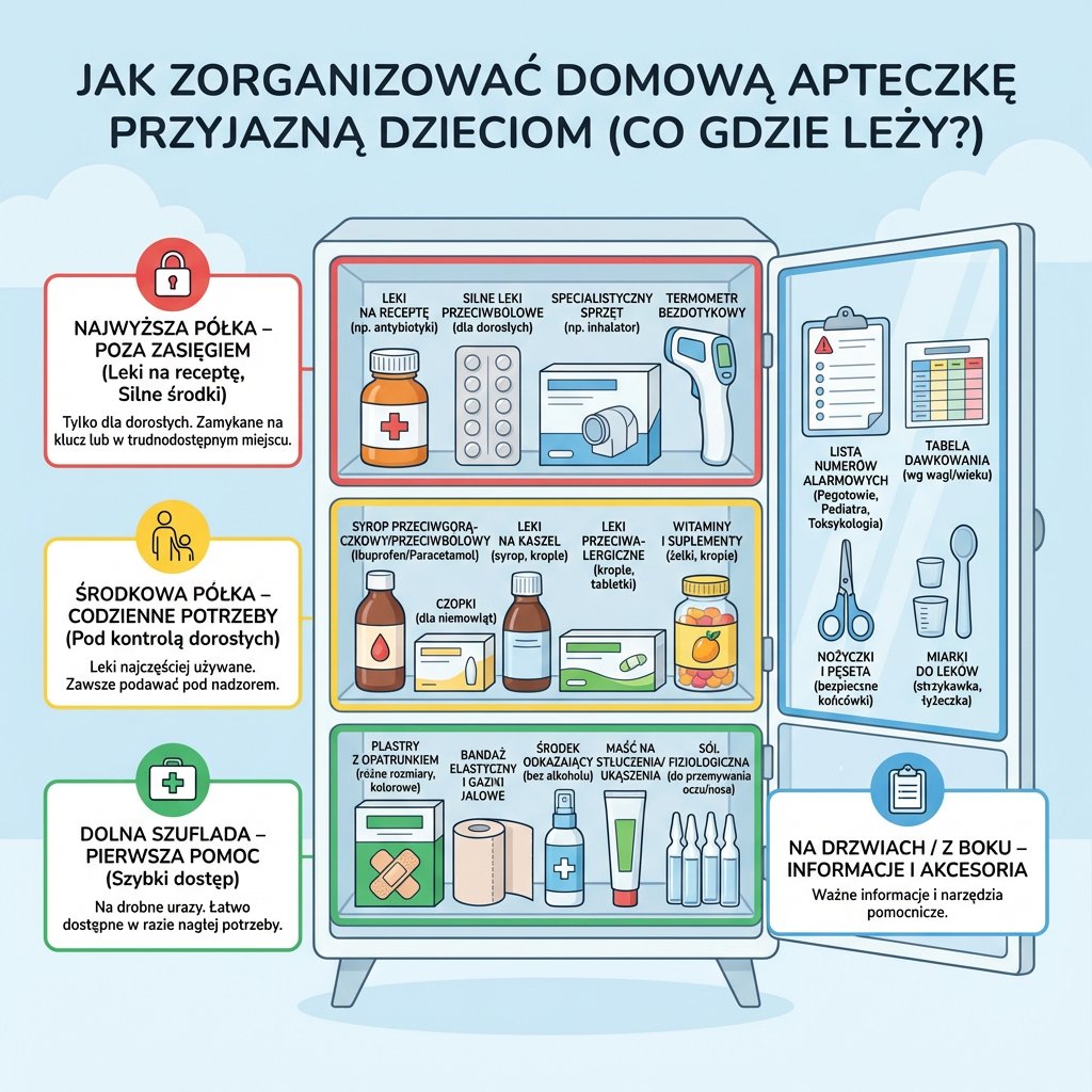 Infografika dla rodziców: jak zorganizować bezpieczną domową apteczkę przyjazną dzieciom i odpowiednio pogrupować l...