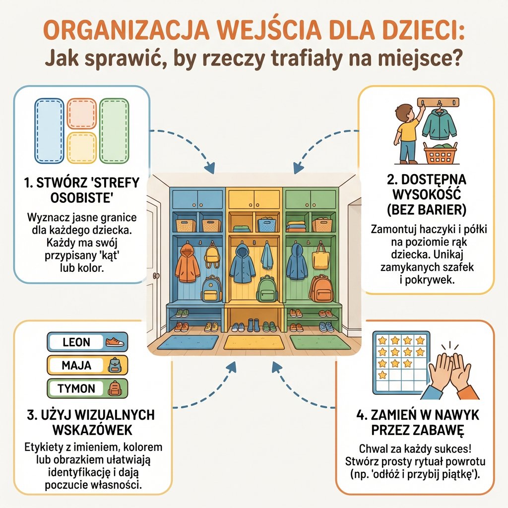 Infografika dla rodziców: Jak zorganizować przedpokój, by dzieci odkładały buty i kurtki na miejsce. Sprytne przechow...