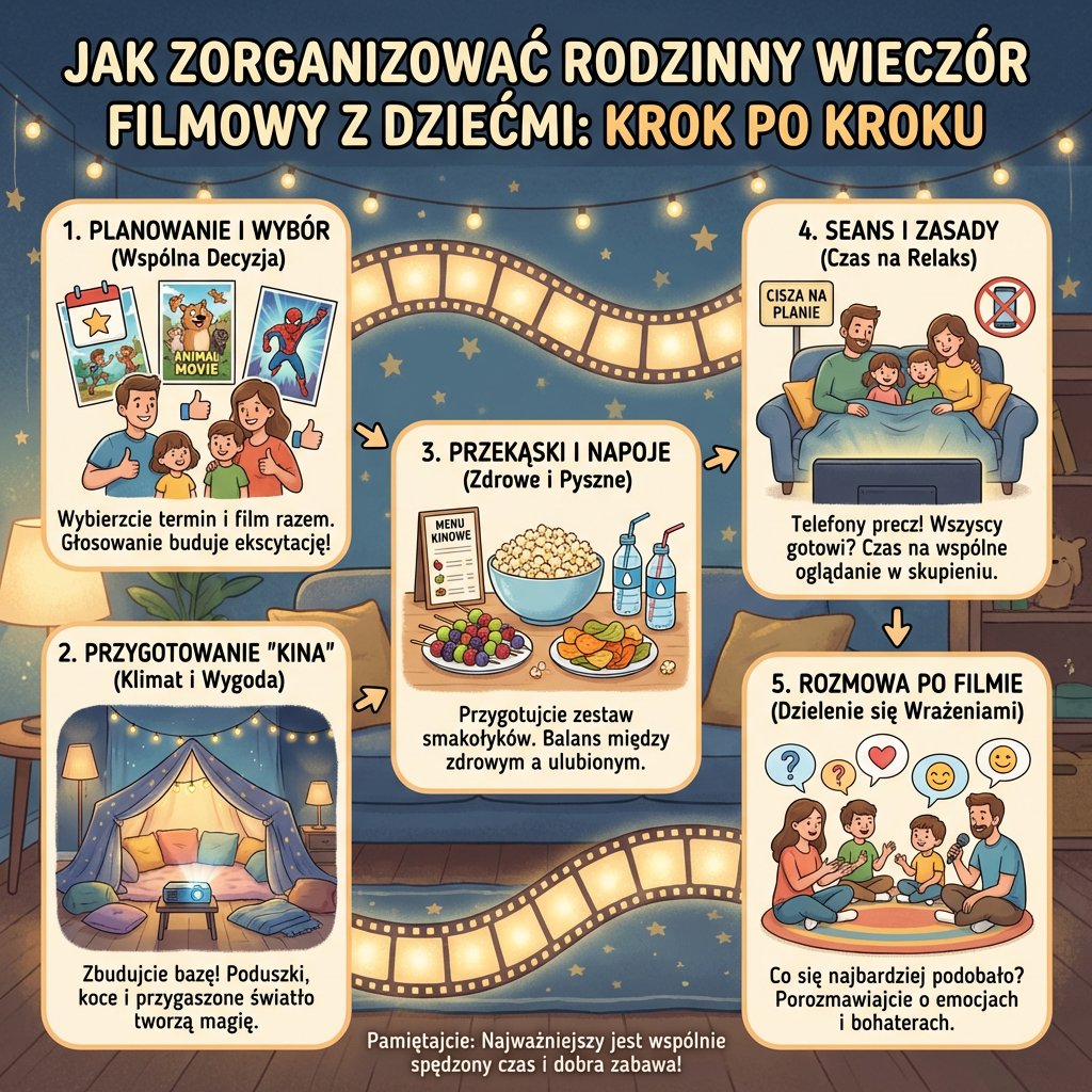 Infografika dla rodziców: Jak zorganizować idealny rodzinny wieczór filmowy z dziećmi krok po kroku – sprawdzone por...