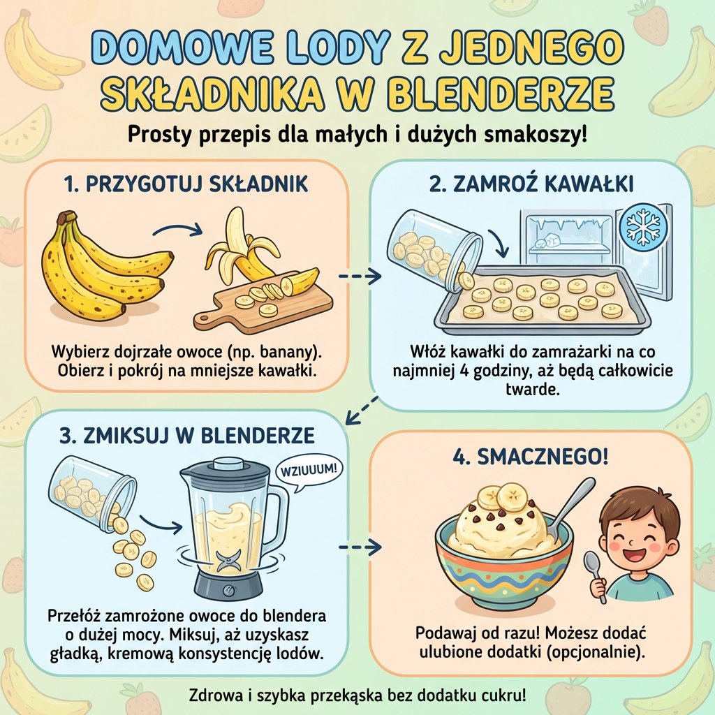 Infografika dla rodziców przedstawiająca prosty przepis krok po kroku, jak zrobić zdrowe domowe lody z jednego składni...