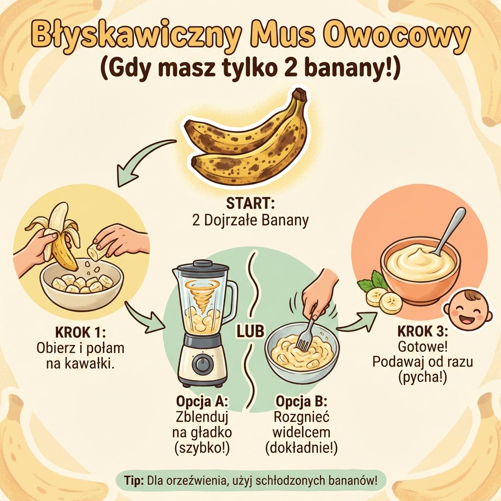 Infografika przedstawiająca prosty przepis krok po kroku, jak przygotować błyskawiczny mus owocowy z dwóch dojrzałych...