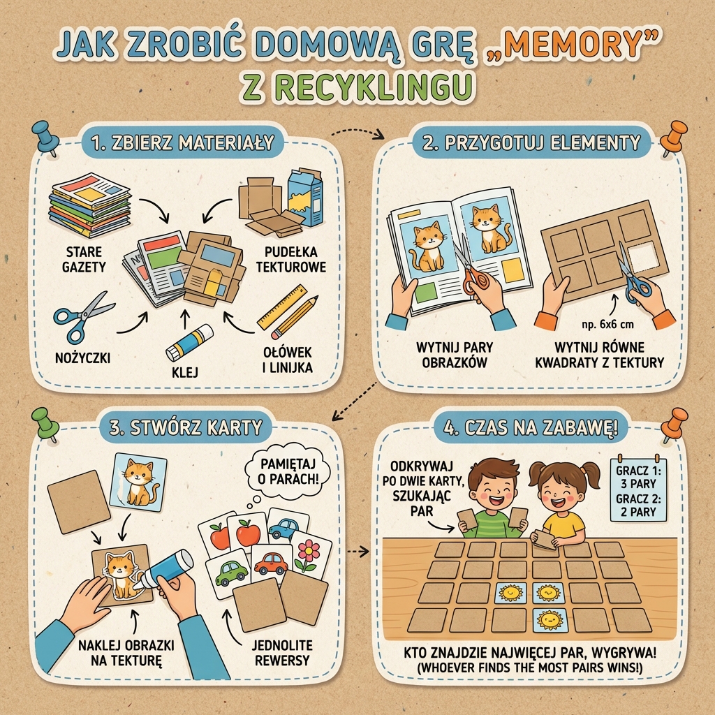 Infografika dla rodziców: jak zrobić domową grę memory DIY z dzieckiem, wykorzystując zdjęcia z gazet i stare pudeł...
