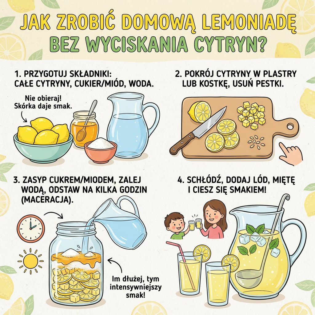 Infografika dla rodziców przedstawiająca prosty przepis na domową lemoniadę bez wyciskania cytryn, idealną na letnie ...