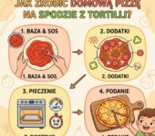 Infografika przedstawiająca prosty przepis krok po kroku na domową pizzę na spodzie z tortilli dla dzieci, idealna na p...