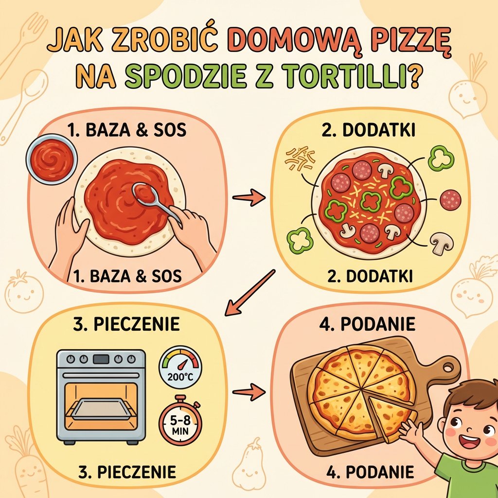 Infografika przedstawiająca prosty przepis krok po kroku na domową pizzę na spodzie z tortilli dla dzieci, idealna na p...