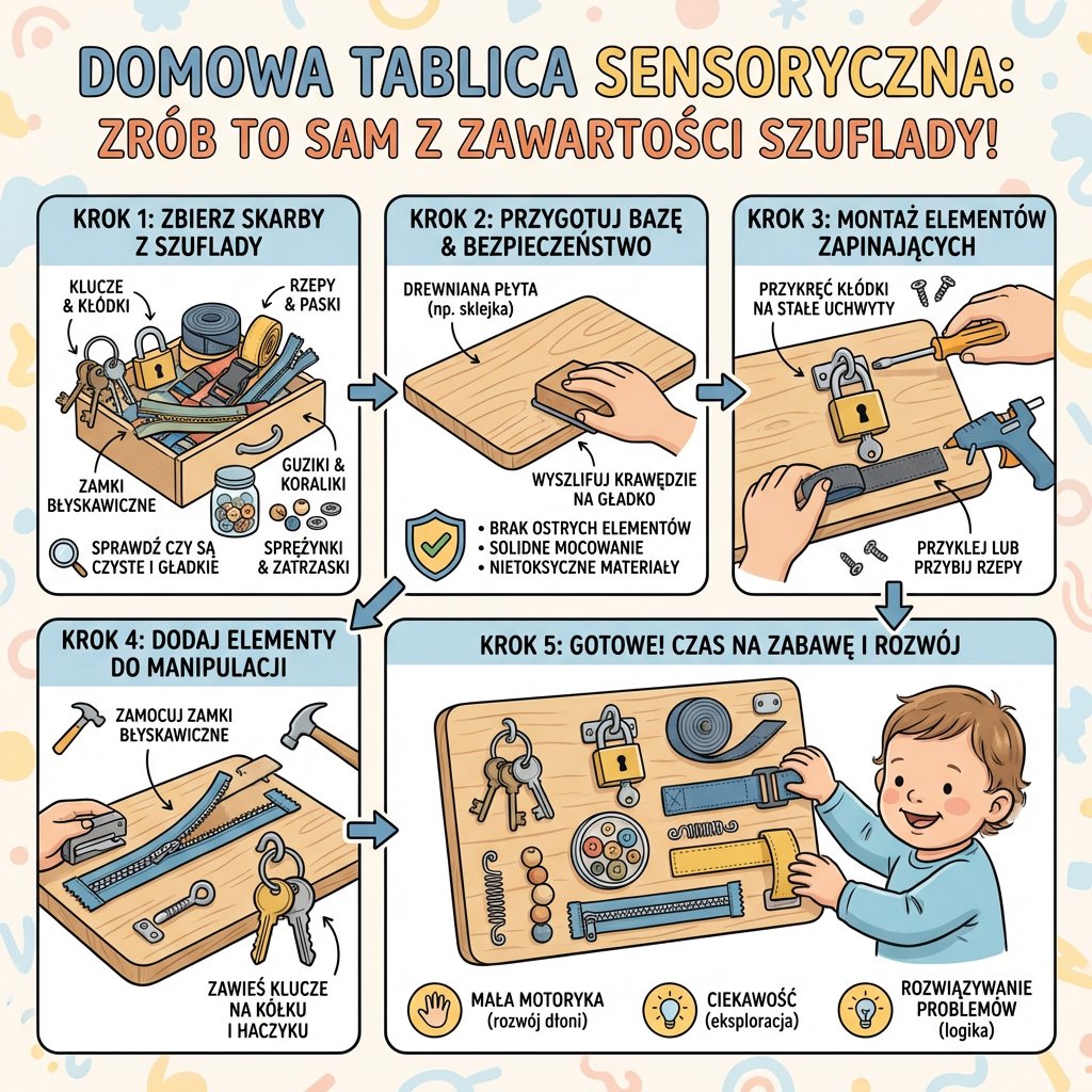 Infografika przedstawiająca instrukcję krok po kroku, jak samodzielnie przygotować kreatywną tablicę sensoryczną DIY...