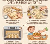 Infografika kulinarna dla rodziców przedstawiająca przepis krok po kroku, jak zrobić domowe krakersy z ciasta na pierog...